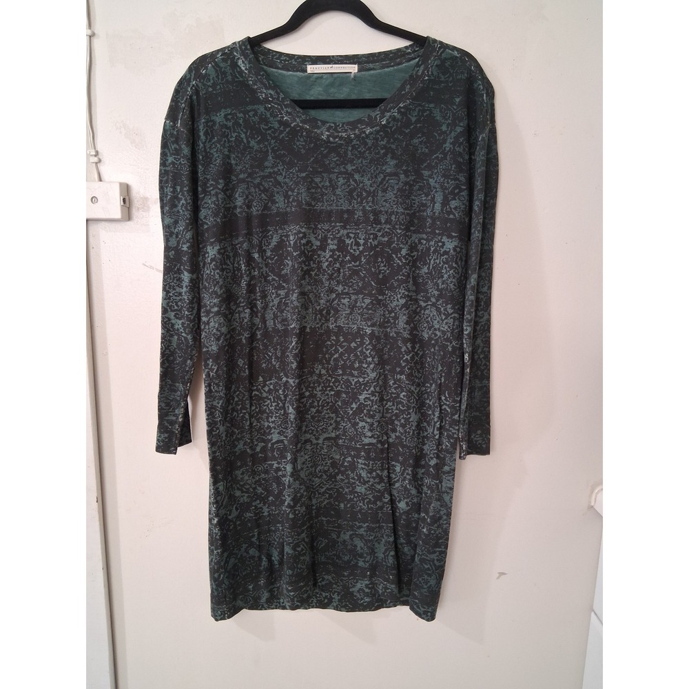 Peruvian Connection Womens XS Teal Black Damask Print Cotton Long Sleeve Tunic
